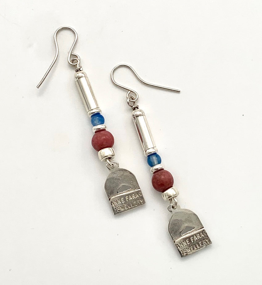 Etched Silver, Rhodalite and Blue Carnelian Earrings