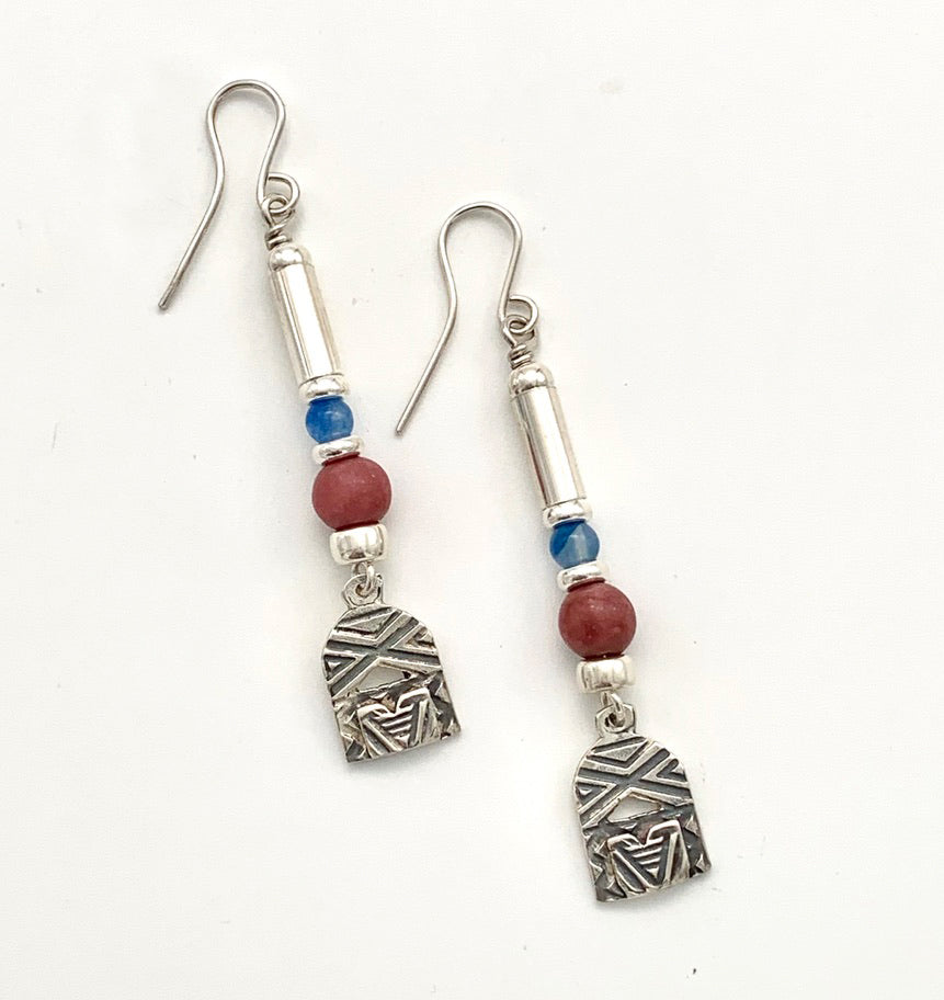 Etched Silver, Rhodalite and Blue Carnelian Earrings