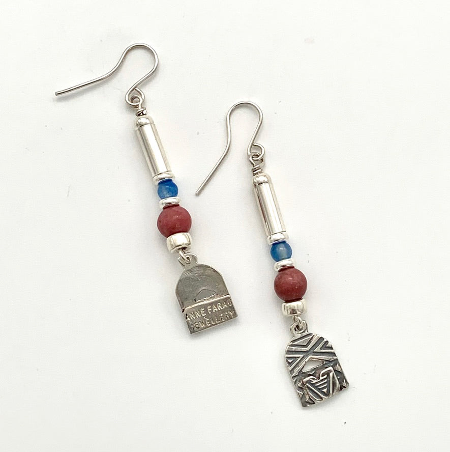Etched Silver, Rhodalite and Blue Carnelian Earrings