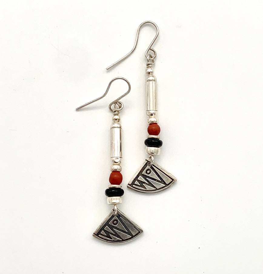 Etched Silver, Red Jasper and Black Onyx Earrings