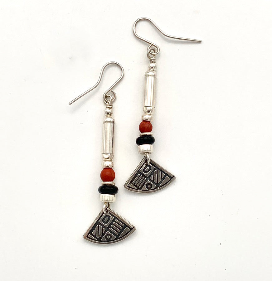 Etched Silver, Red Jasper and Black Onyx Earrings