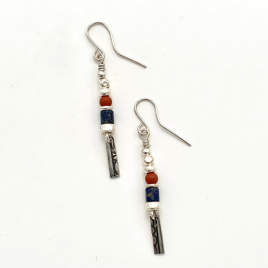 Etched Silver, Lapis and Red Jasper Earring