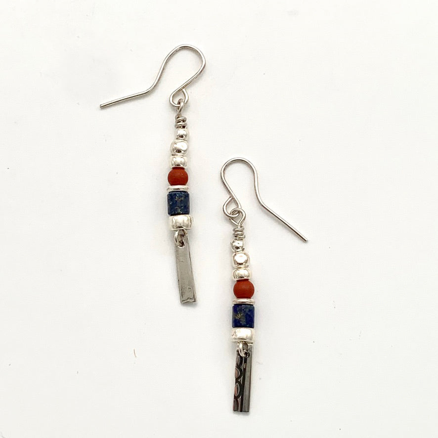 Etched Silver, Lapis and Red Jasper Earring