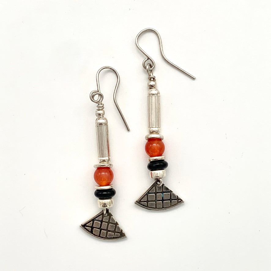 Etched Silver, Carnelian and Black Onyx Earrings
