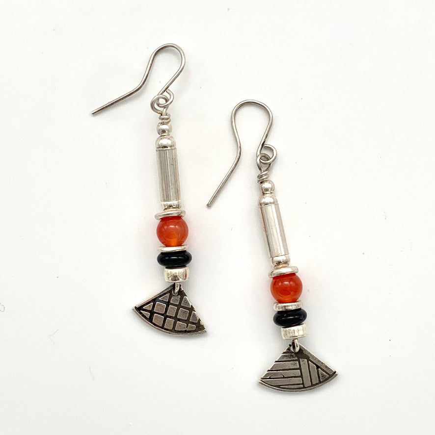 Etched Silver, Carnelian and Black Onyx Earrings