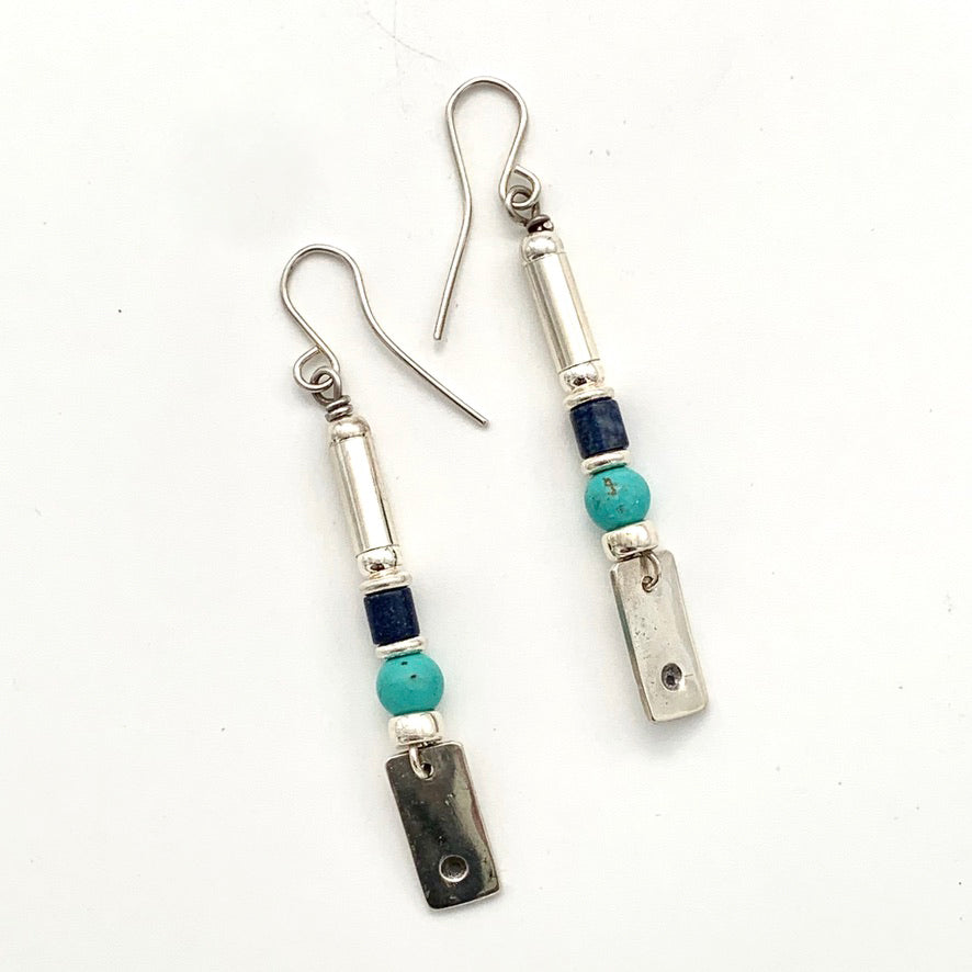 Etched Silver, Turquoise and Lapis Earrings
