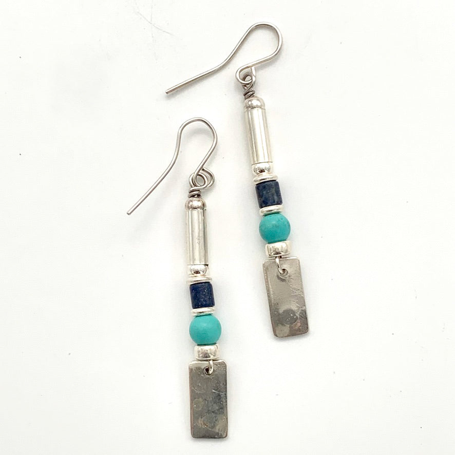 Etched Silver, Turquoise and Lapis Earrings