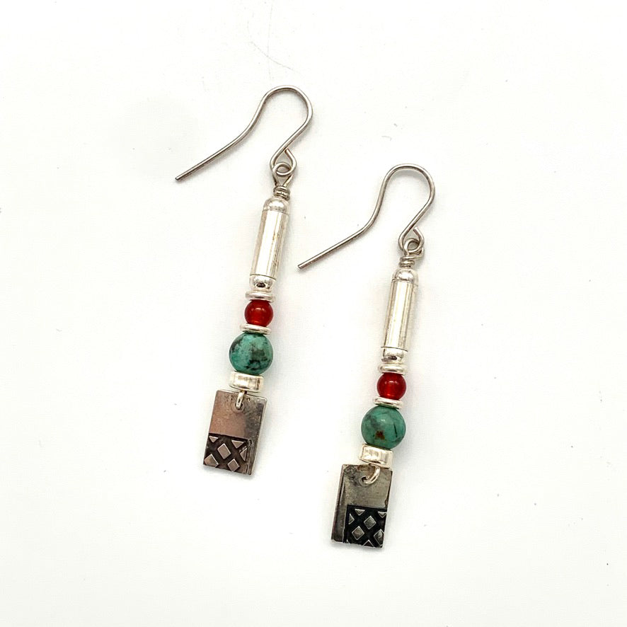 Etched Silver, African Turquoise and Carnelian Earrings