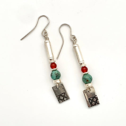 Etched Silver, African Turquoise and Carnelian Earrings