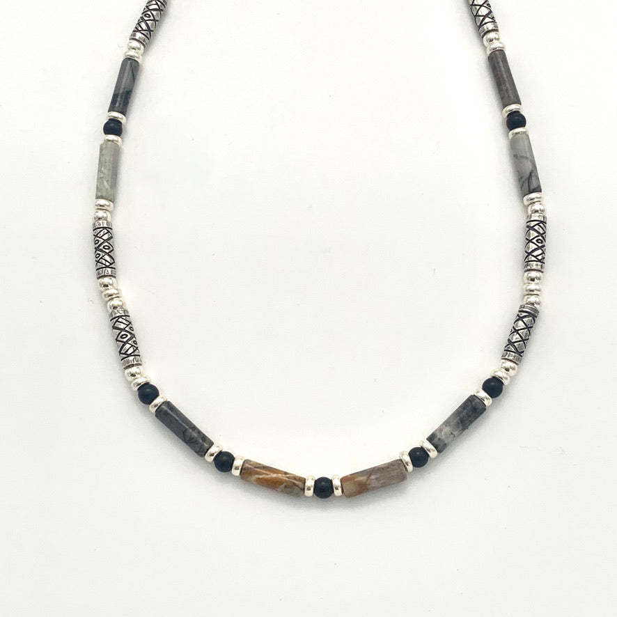 Etched Silver, Landscape Jasper and Black Onyx Necklace