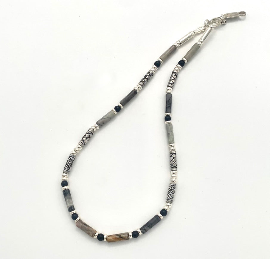Etched Silver, Landscape Jasper and Black Onyx Necklace