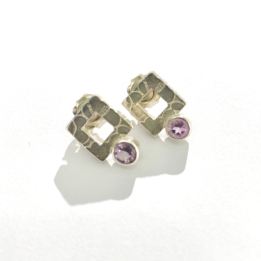 Amethyst and Silver Square Stud Earrings