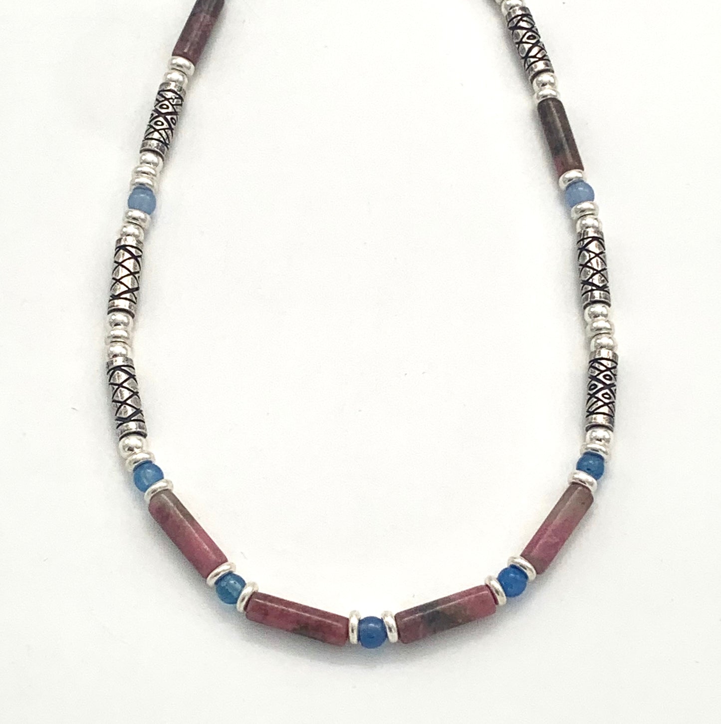 Etched Silver, Rhodolite and Blue Carnelian Necklace