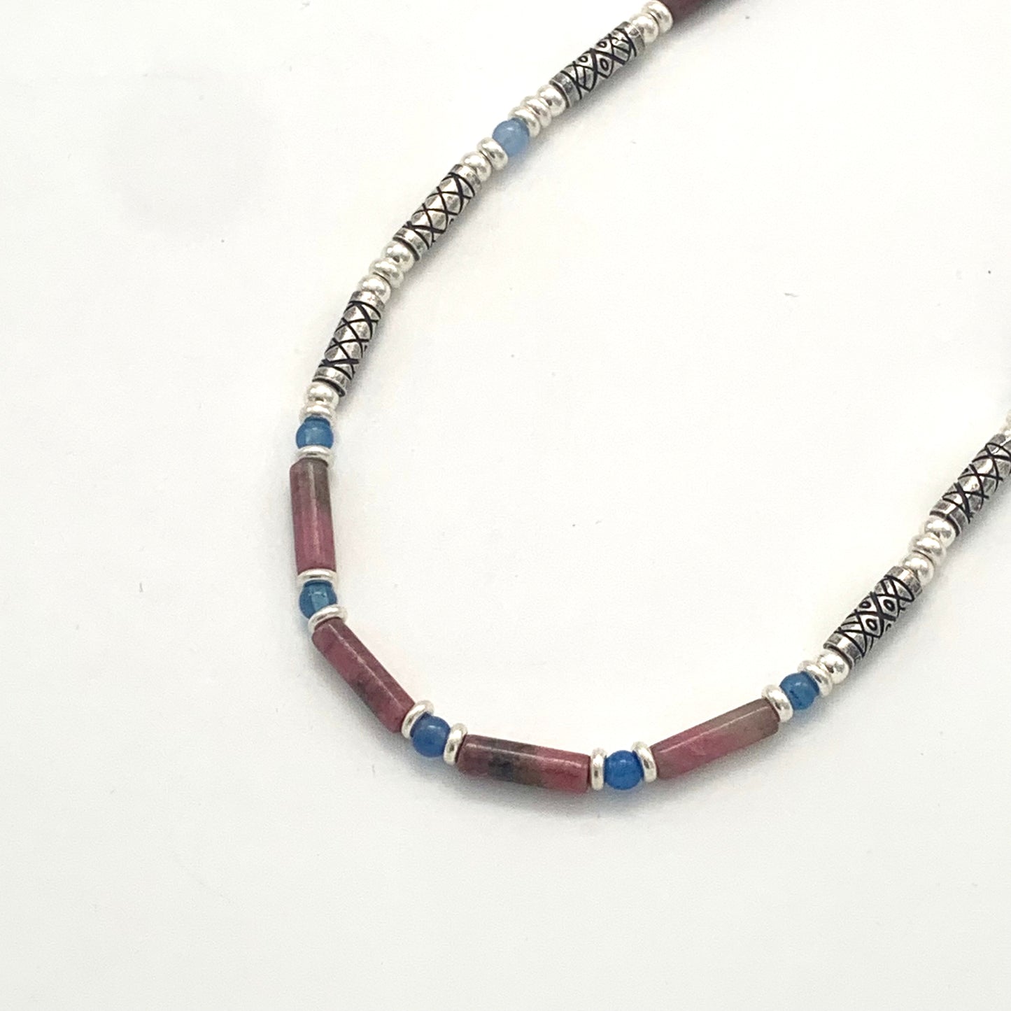Etched Silver, Rhodolite and Blue Carnelian Necklace