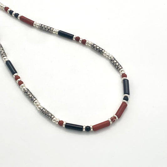 Etched Silver, Red Jasper and Black Onyx Necklace
