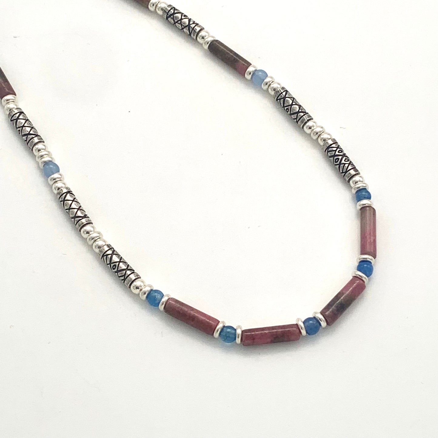 Etched Silver, Rhodolite and Blue Carnelian Necklace