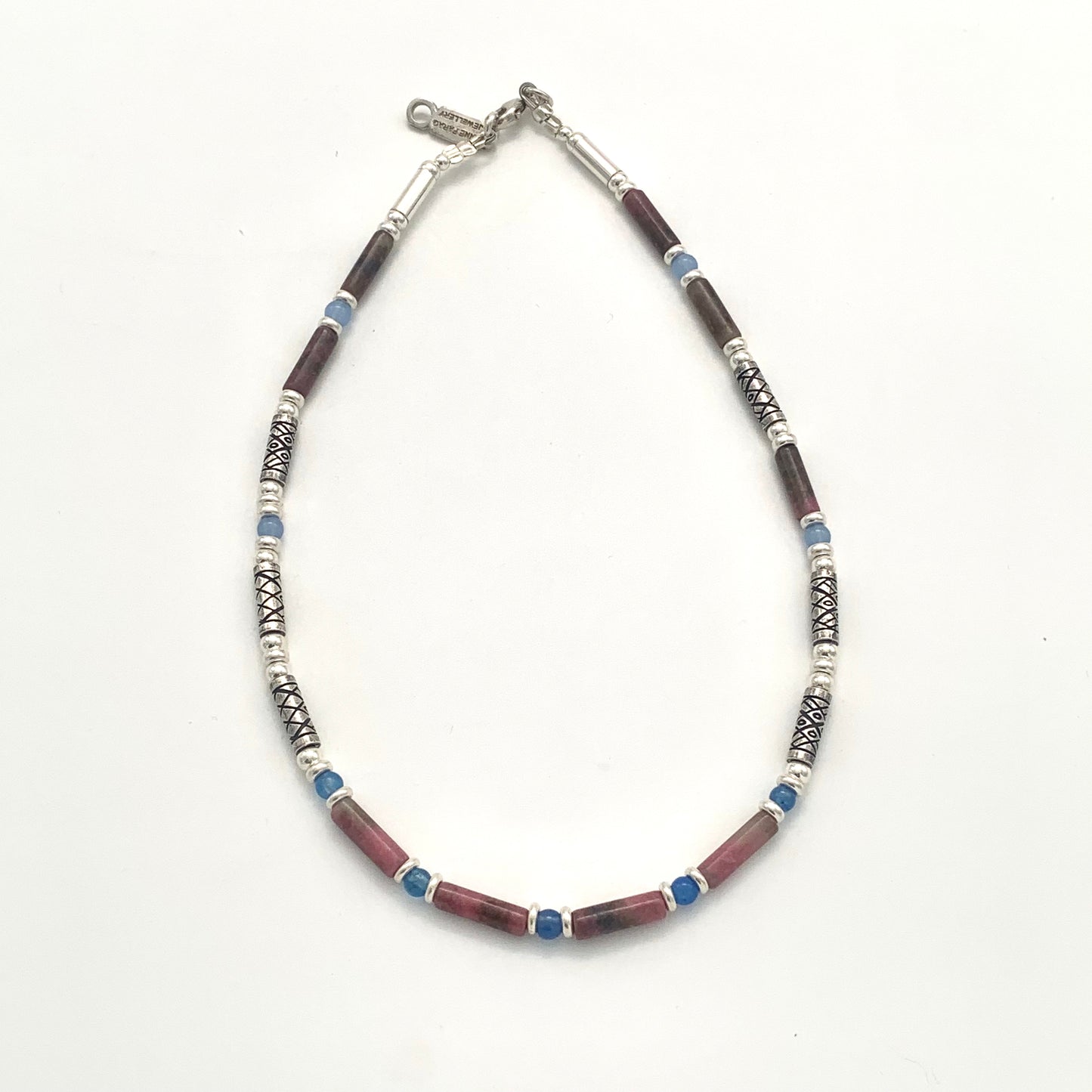 Etched Silver, Rhodolite and Blue Carnelian Necklace