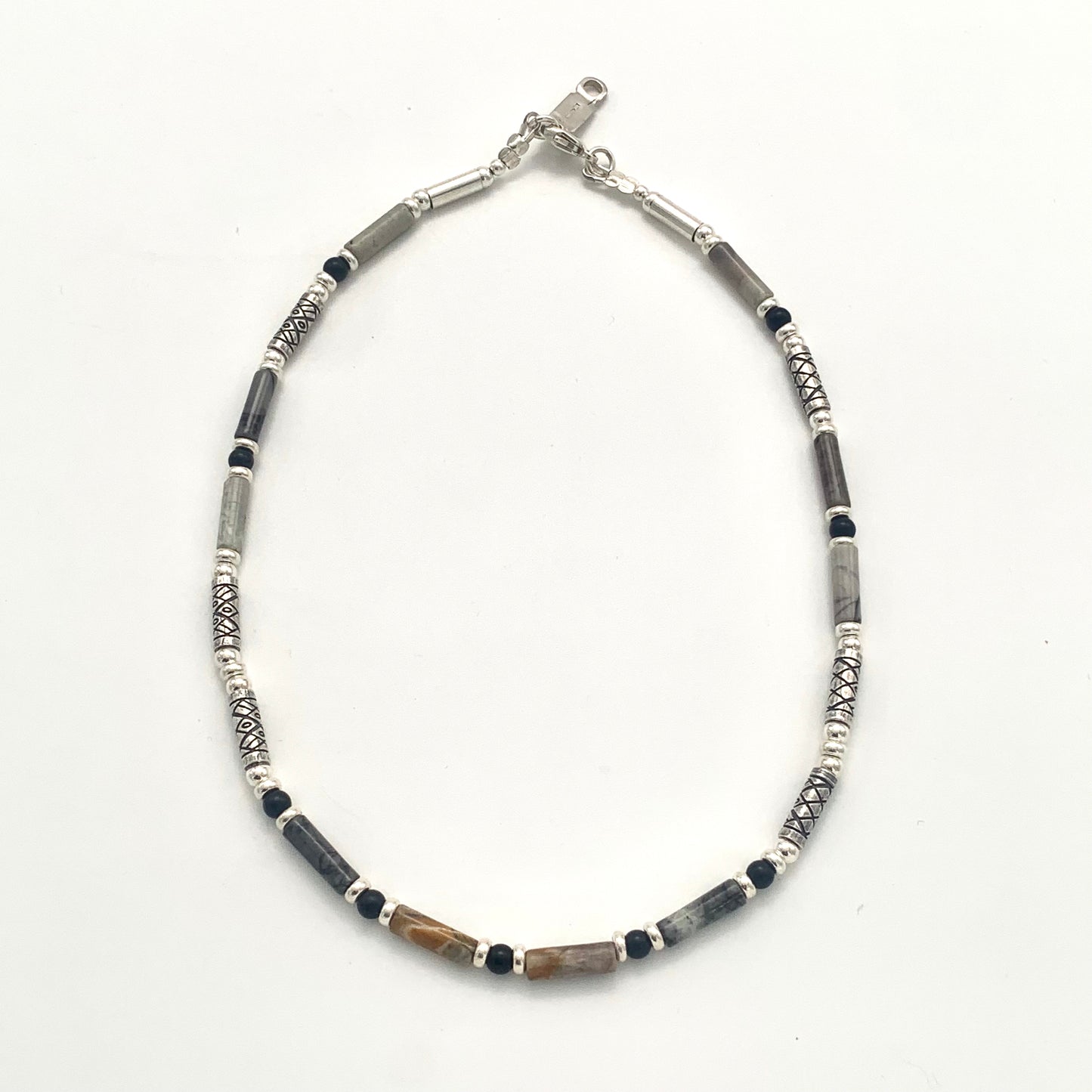Etched Silver, Landscape Jasper and Black Onyx Necklace