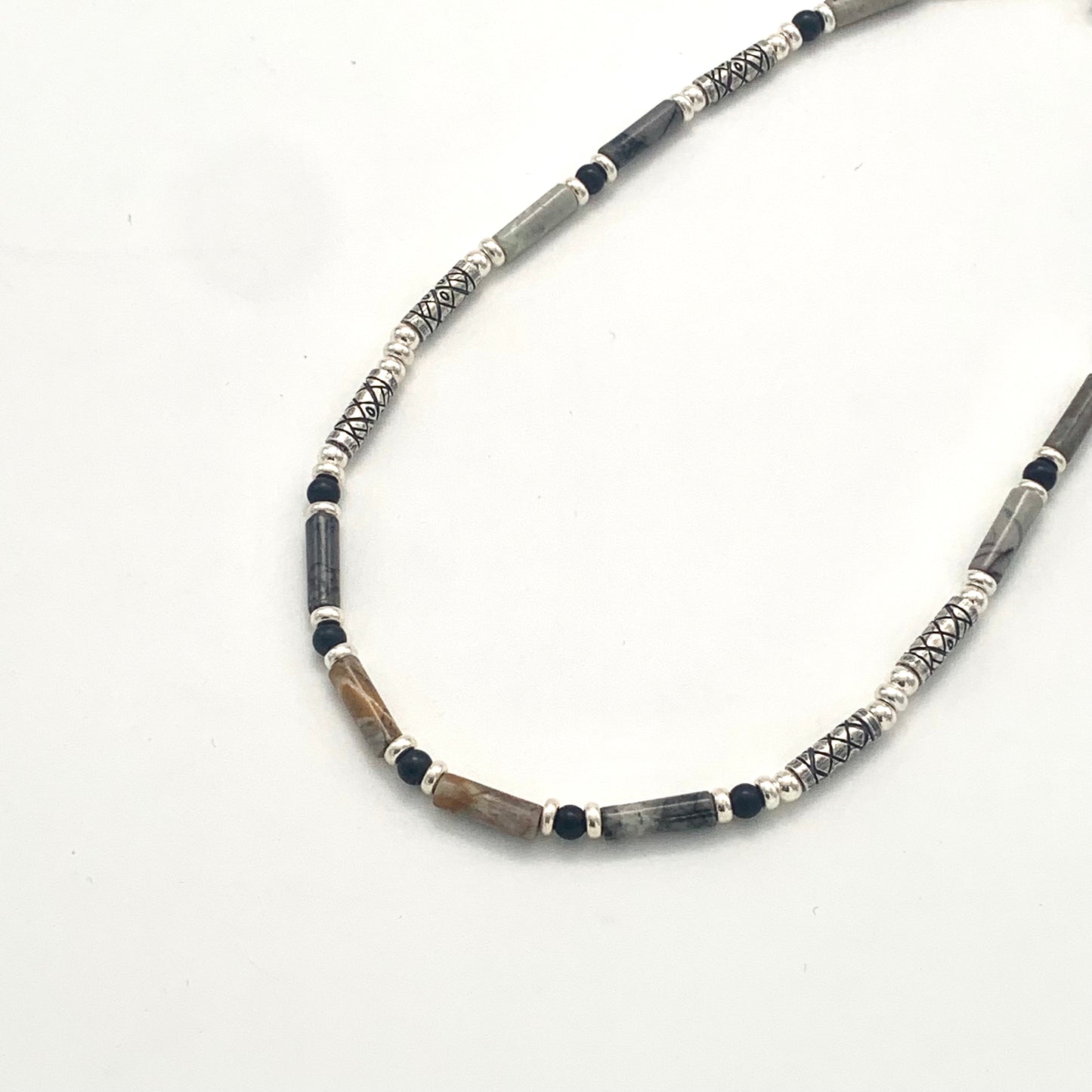 Etched Silver, Landscape Jasper and Black Onyx Necklace