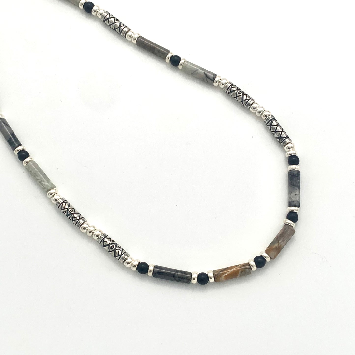 Etched Silver, Landscape Jasper and Black Onyx Necklace