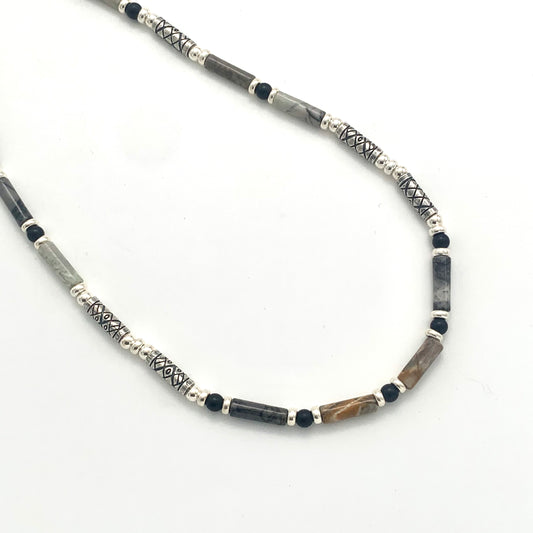 Etched Silver, Landscape Jasper and Black Onyx Necklace