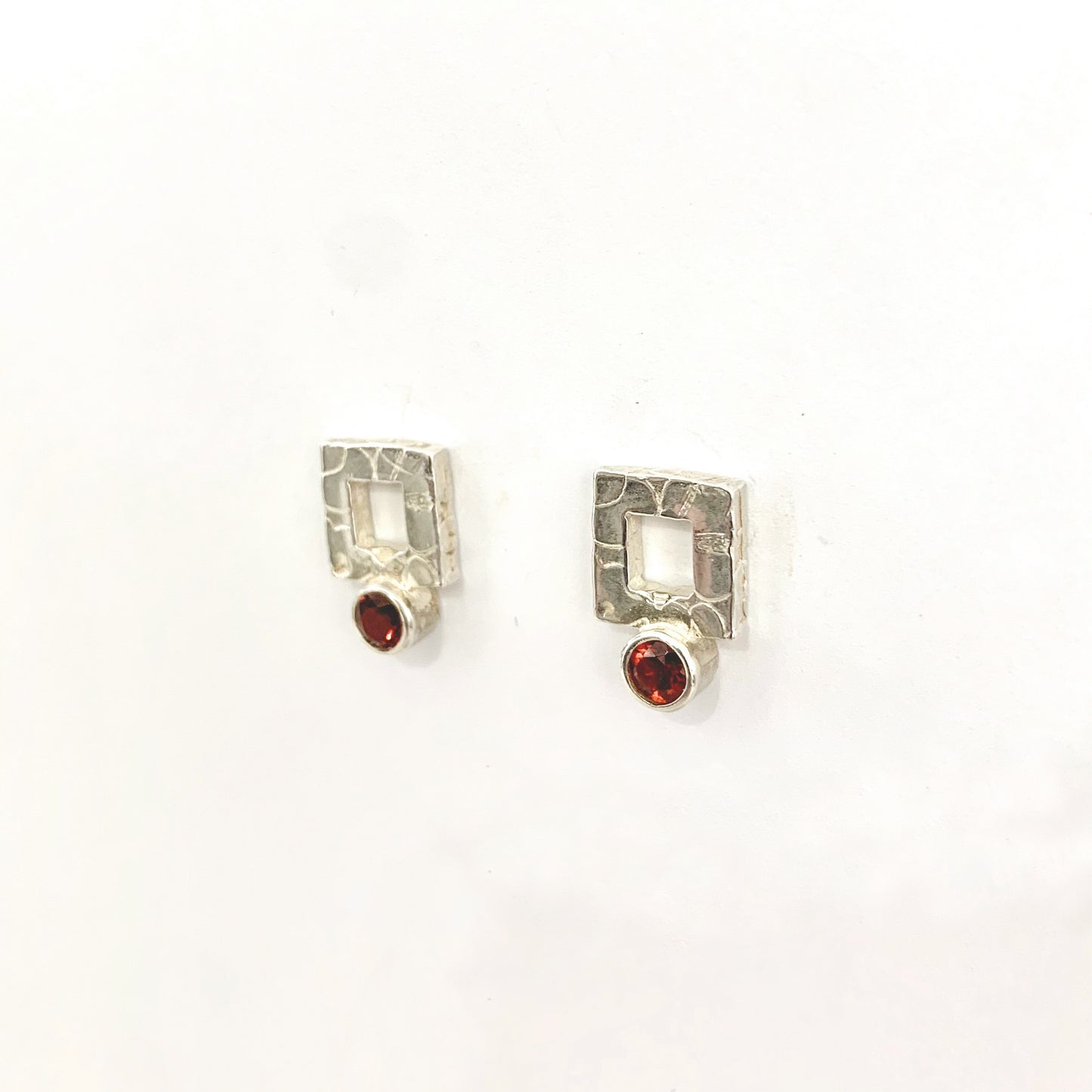Garnet and Silver Square Stud Earrings