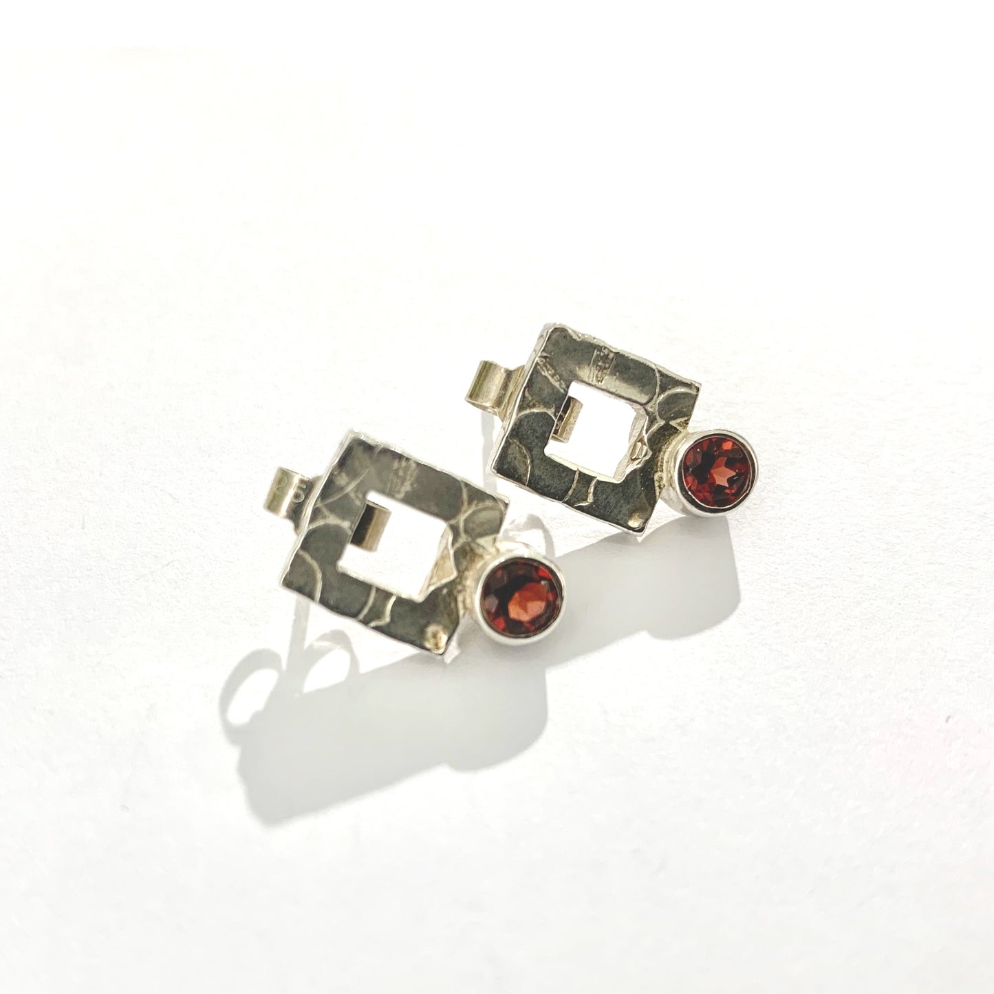 Garnet and Silver Square Stud Earrings
