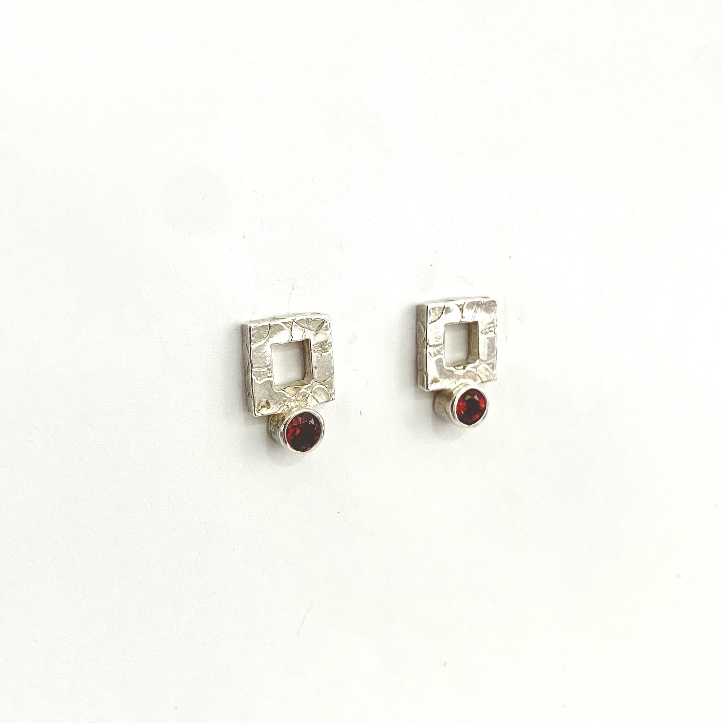 Garnet and Silver Square Stud Earrings