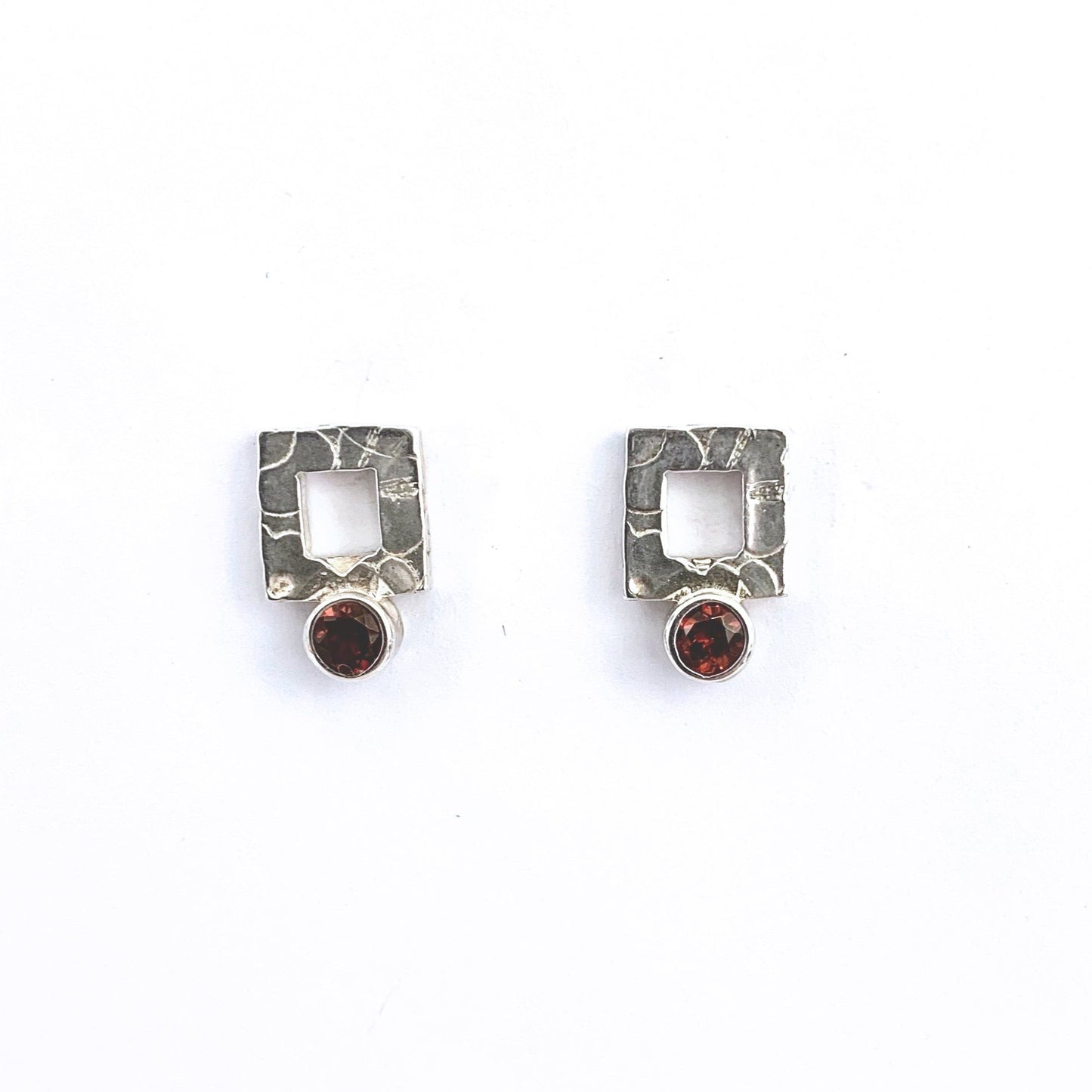 Garnet and Silver Square Stud Earrings