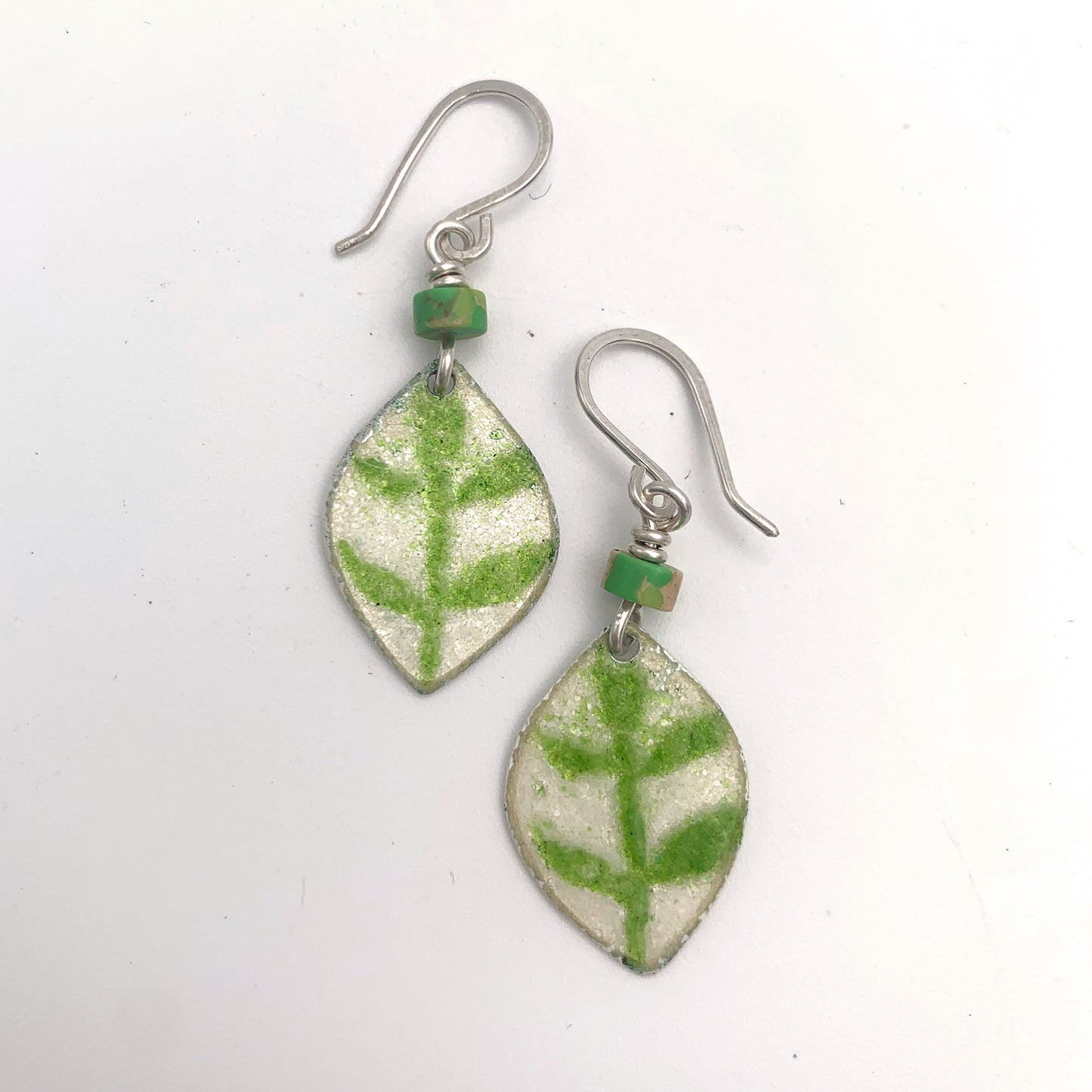 Green Leaf Enamelled Earrings