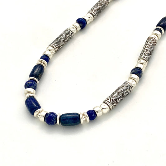 Etched Silver and Lapis Lazuli Necklace