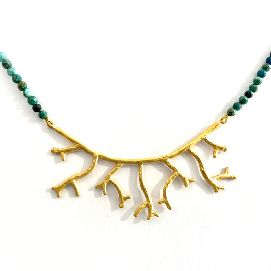 Gold Plated Silver Twig & Chrysocolla Beaded Necklace