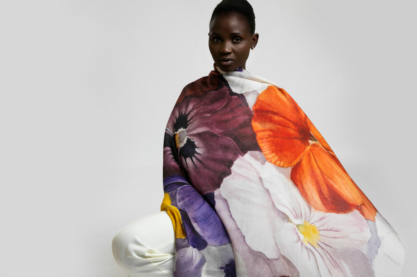 Wool Silk Blend Pansy Shawl / Scarf