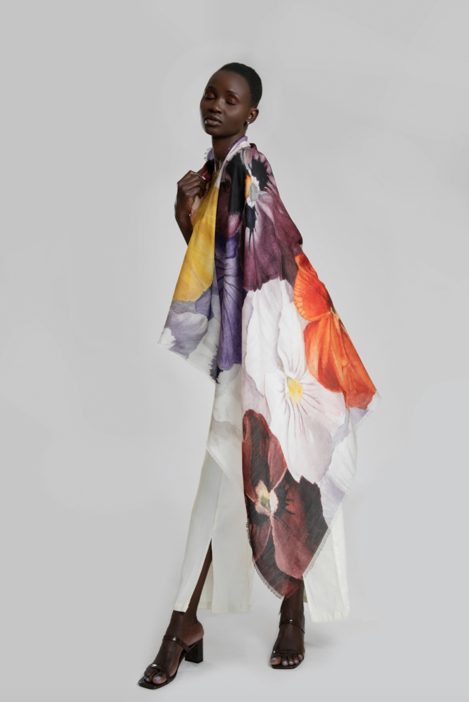 Wool Silk Blend Pansy Shawl / Scarf