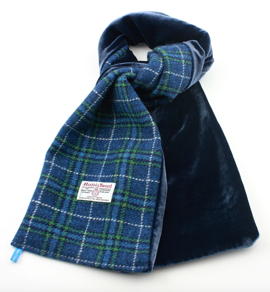 Blue Green Tweed and Velvet Scarf