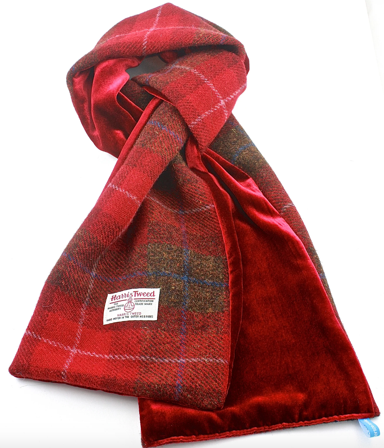 Red/Brown Harris Tweed and Velvet Scarf