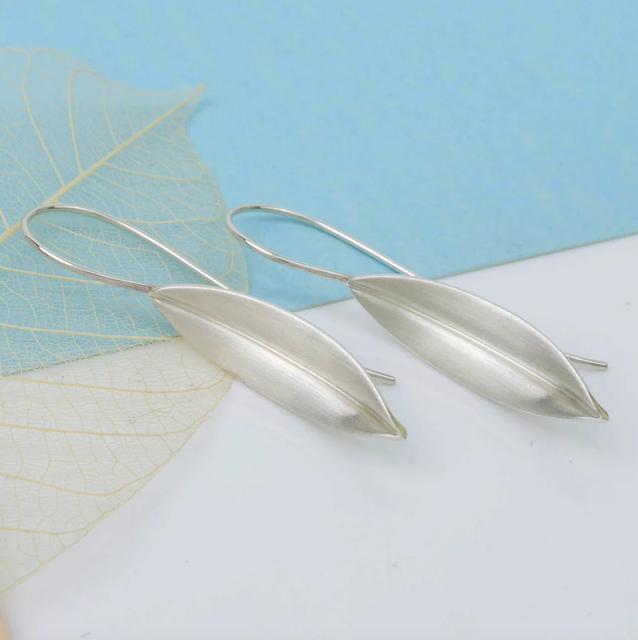 Brushed Silver Willow Leaf Drop Earrings