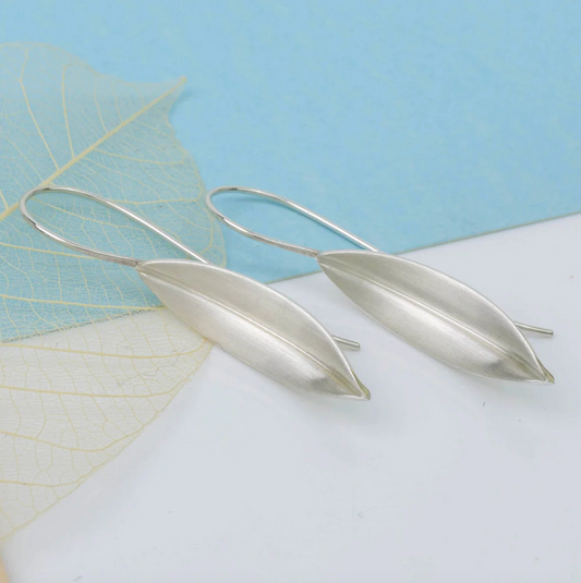 Brushed Silver Willow Leaf Drop Earrings
