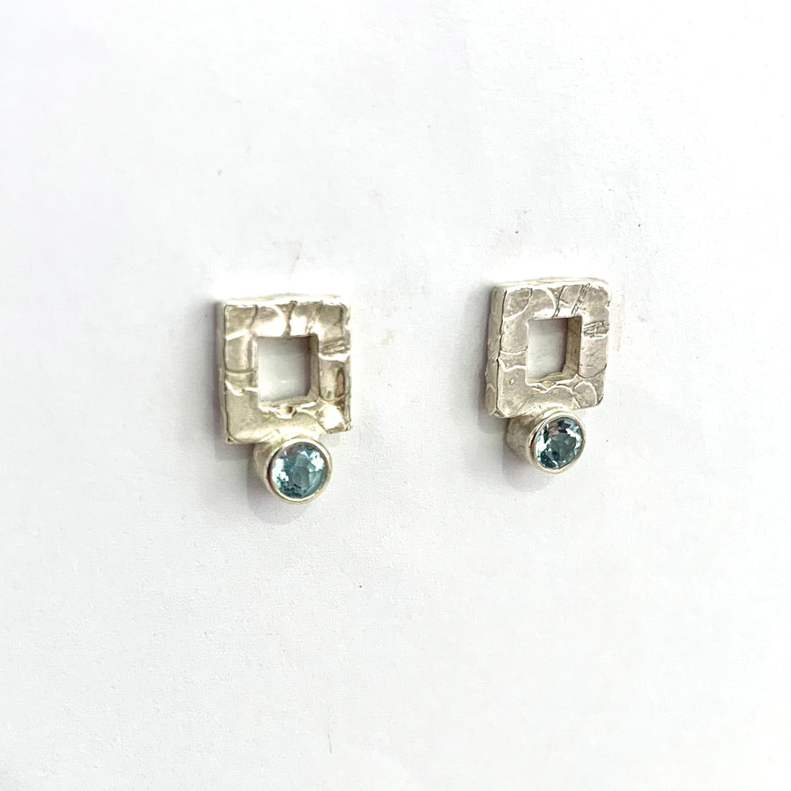 Blue Topaz and Silver Square Stud Earrings