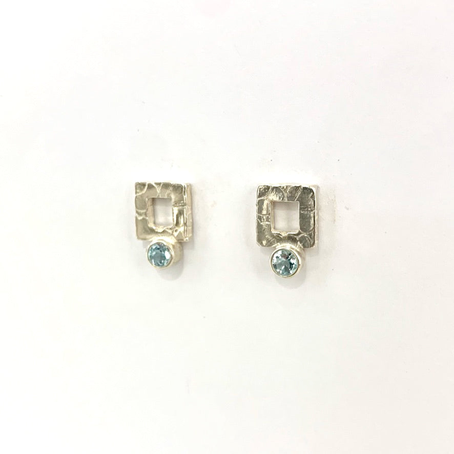Blue Topaz and Silver Square Stud Earrings