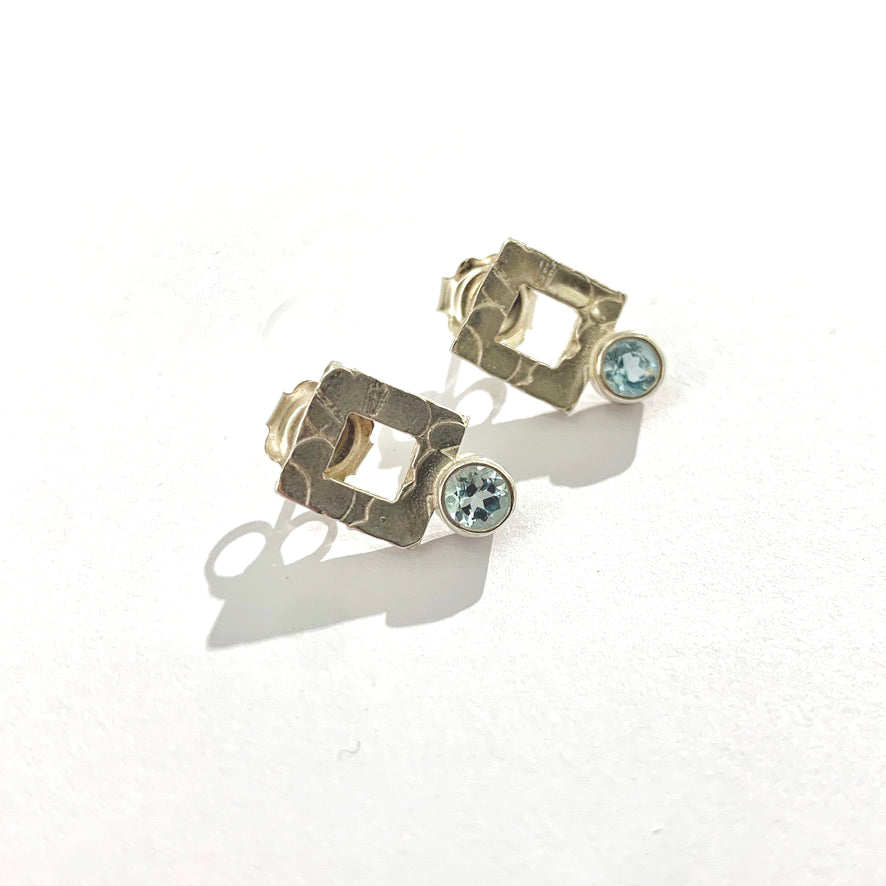 Blue Topaz and Silver Square Stud Earrings