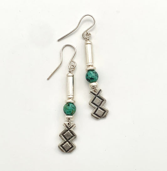 Etched Silver and African Turquoise Earrings Zigzag