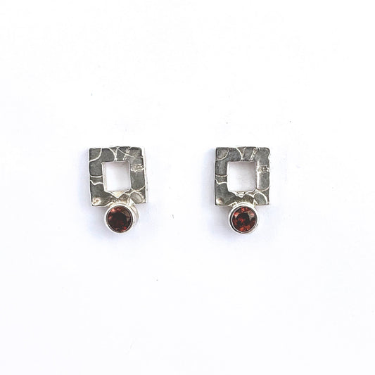 Garnet and Silver Square Stud Earrings