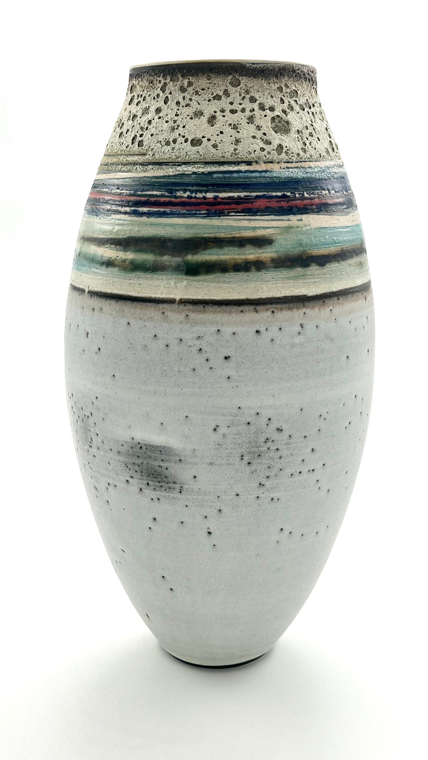 White Striped Vessel with Textured Neck