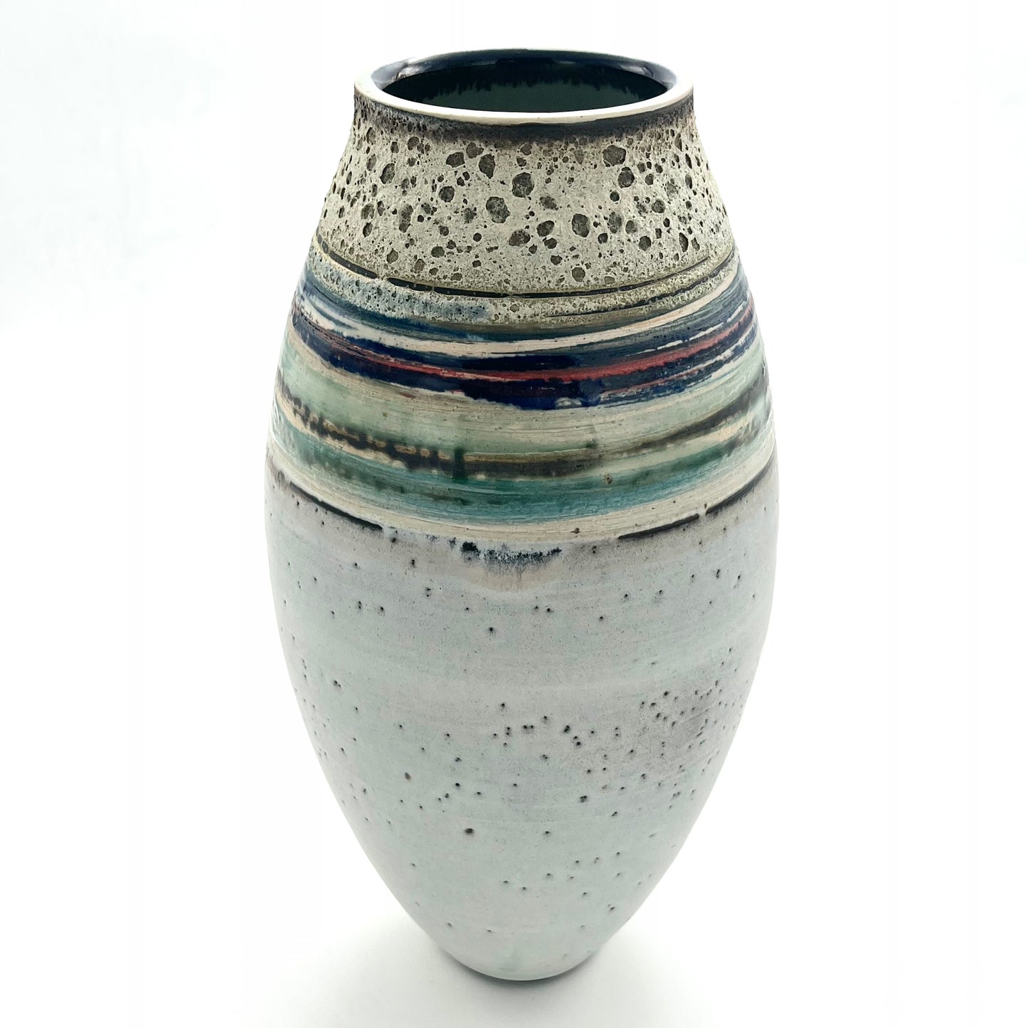 White Striped Vessel with Textured Neck