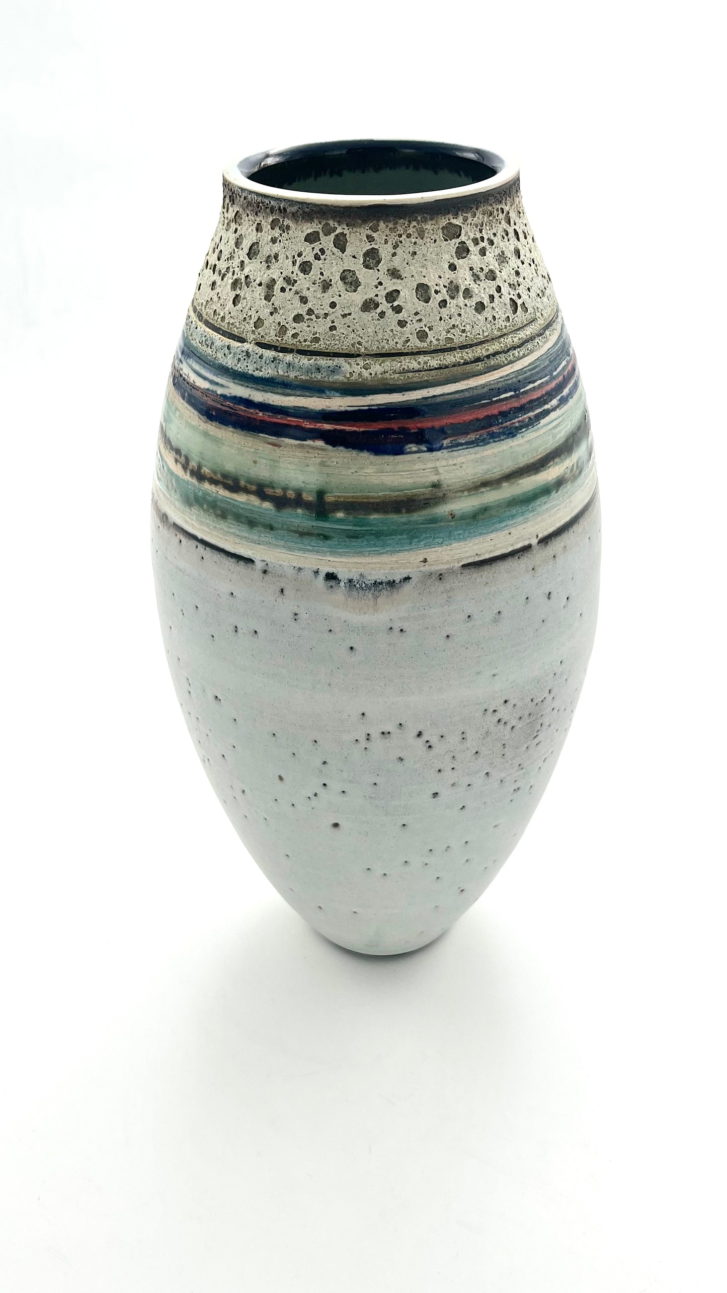 White Striped Vessel with Textured Neck