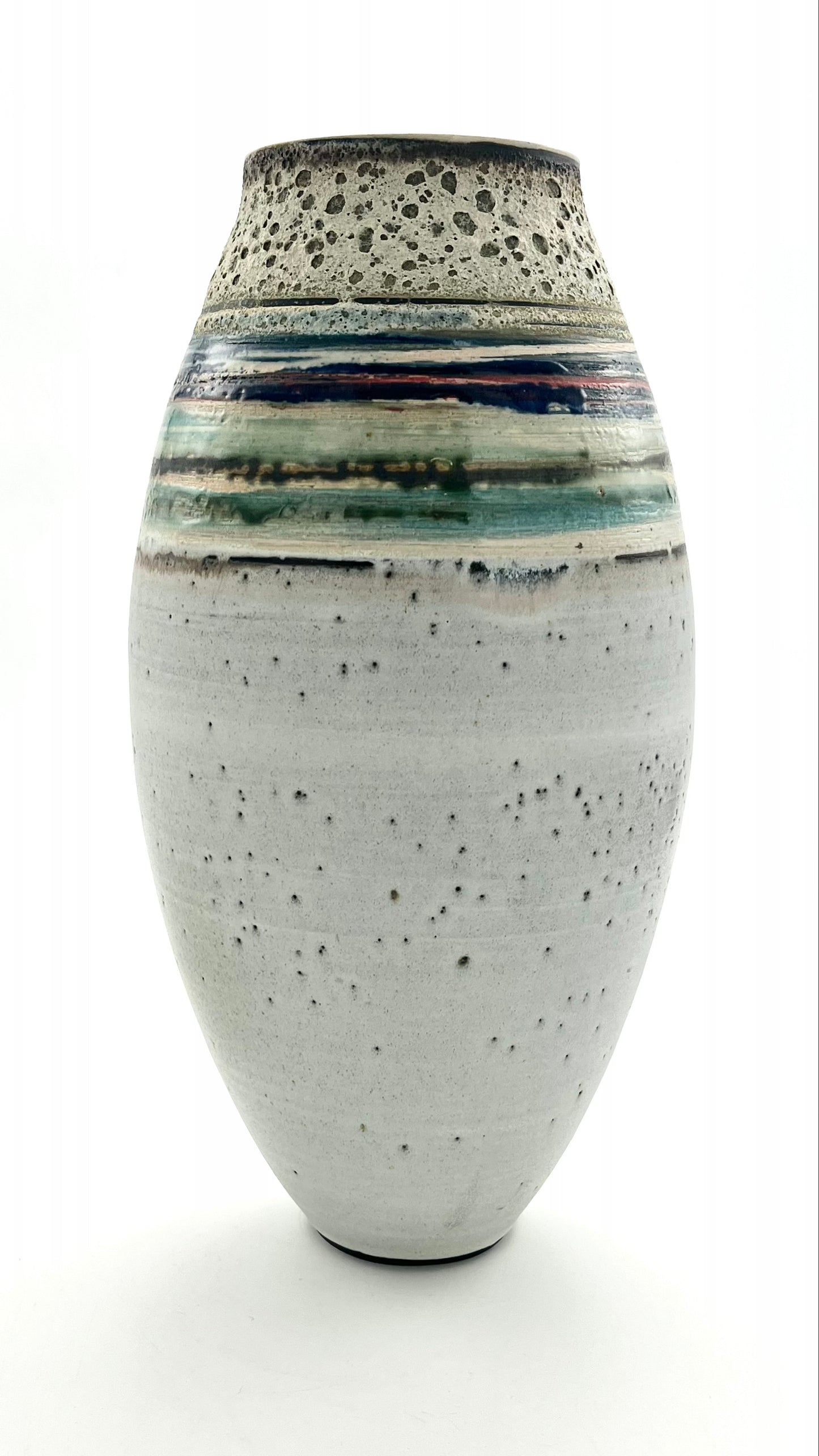 White Striped Vessel with Textured Neck