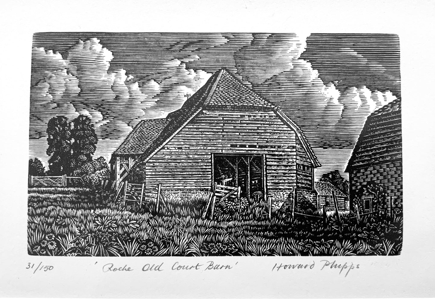 'Roche Old Court Barn' Wood Engraving