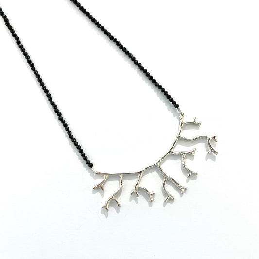 Silver Twig & Black Spinel Beaded Necklace