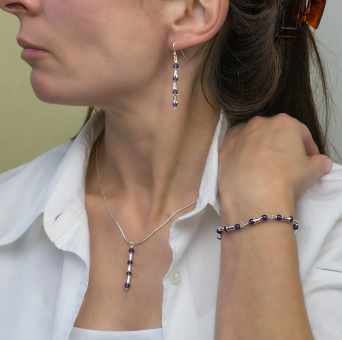 Amethyst and Silver Bamboo Bracelet